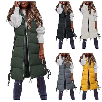 KAJXZ Long Puffer Vest Women Hooded Long Vest Outwear Zipper